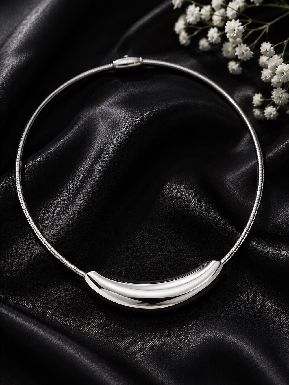 Polished Silver tone Crescent Collar Necklace